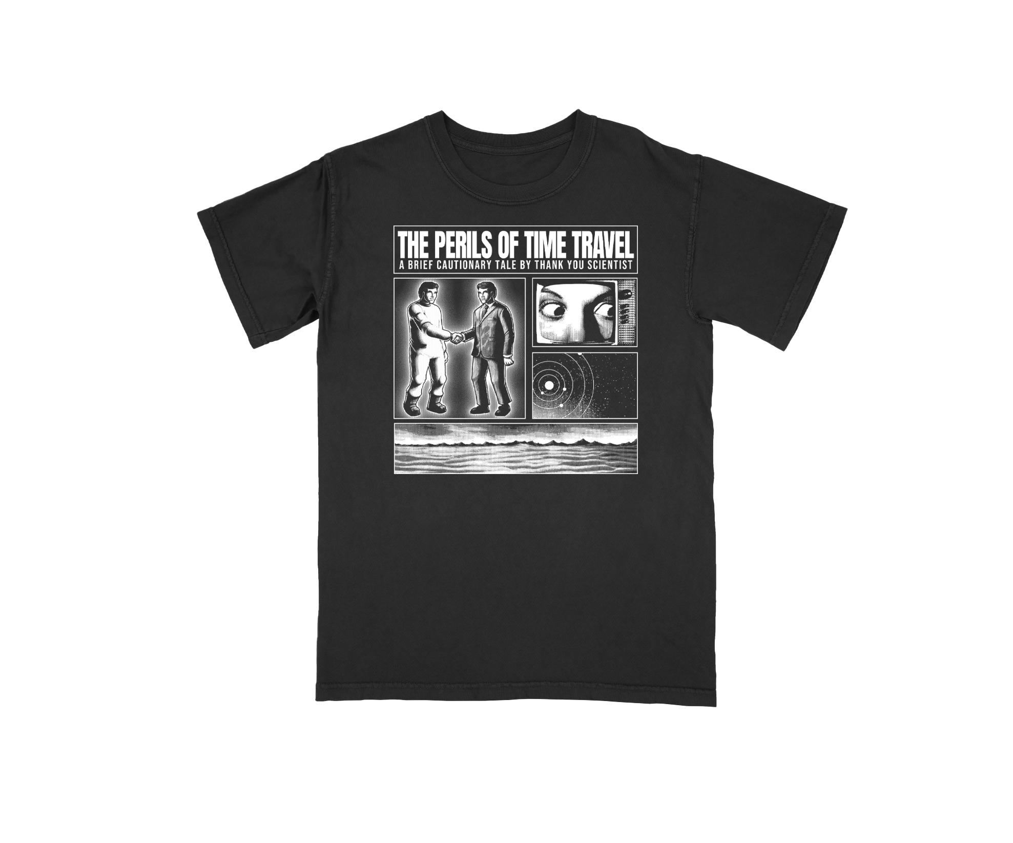 Perils of Time Travel black and white t-shirt
